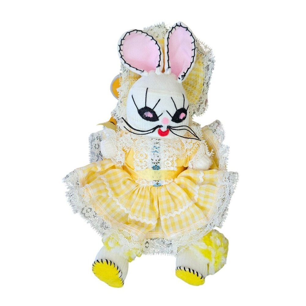 Vintage Kitschy Creepy Easter Bunny Rabbit Sock Doll Wearing Ruffle Yellow Dress
